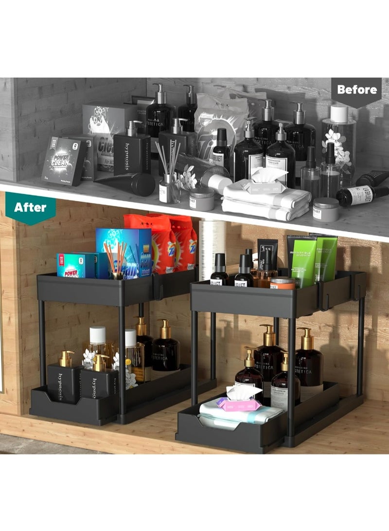 eBasket (2 pieces) Multi-purpose organizers under the sink storage units - 2-tier sliding shelf organizer for bathroom and kitchen with hooks and hanging cups, under-sink storage rack for home (black) - Image 4